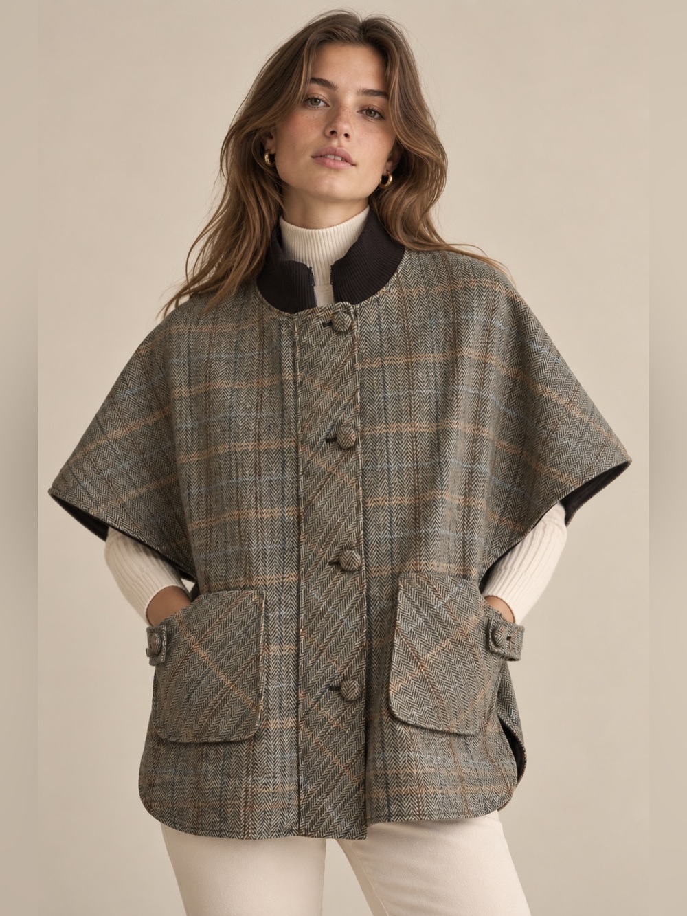 Tuckernuck Stewart Poncho XS/S Herringbone Wool Cape Jacket Equestrian Preppy